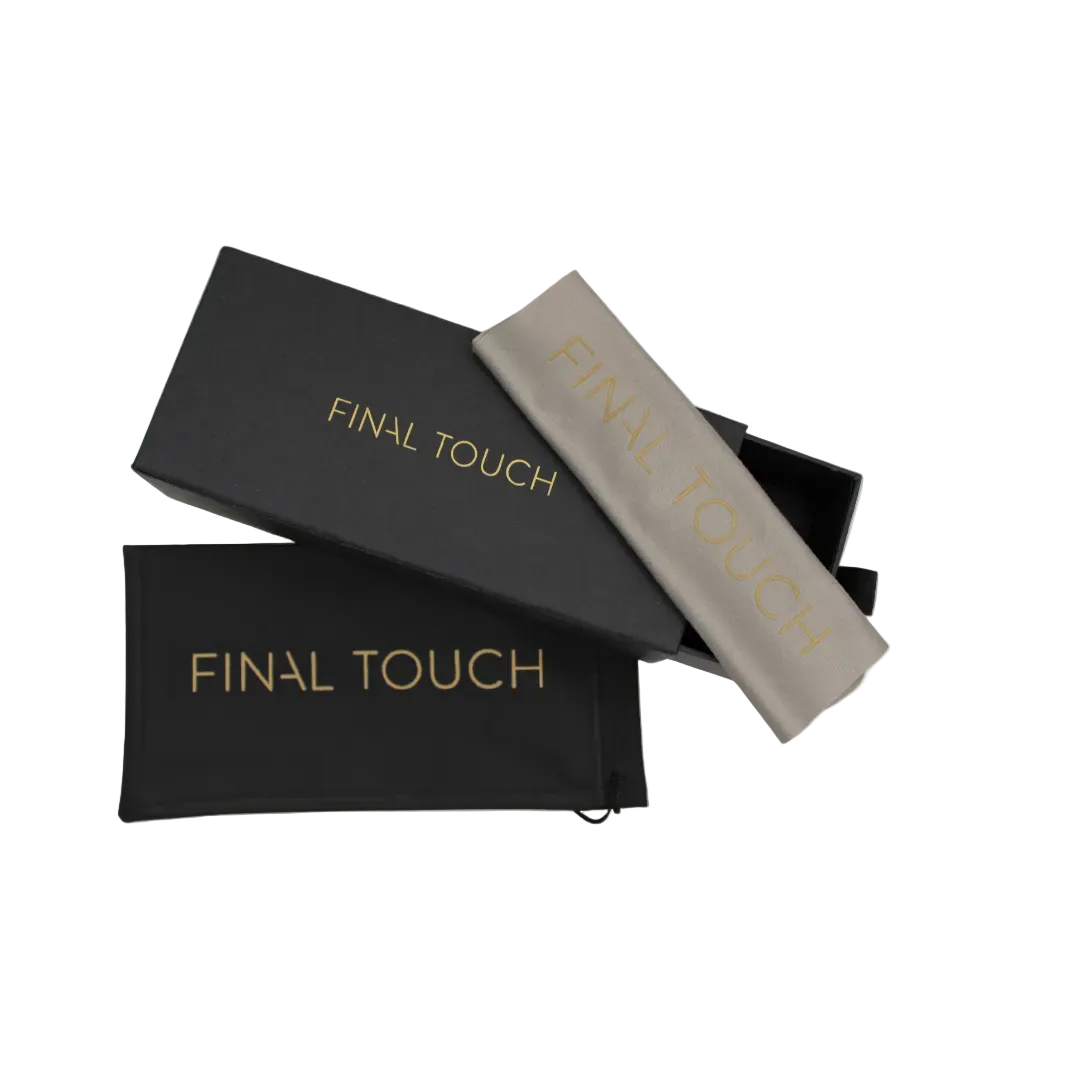 Black Pu case, black sunglasses box and grey cleaning cloth with 'Final Touch' branding on a light grey background