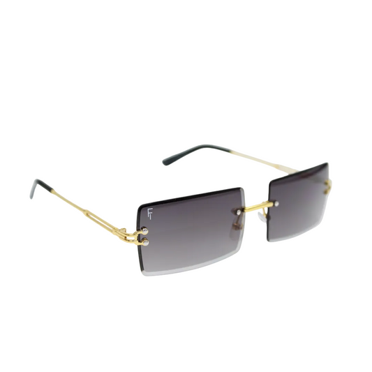 Brittany Gold Smoke front unisex rimless sunglasses with smoke lenses and gold detailing