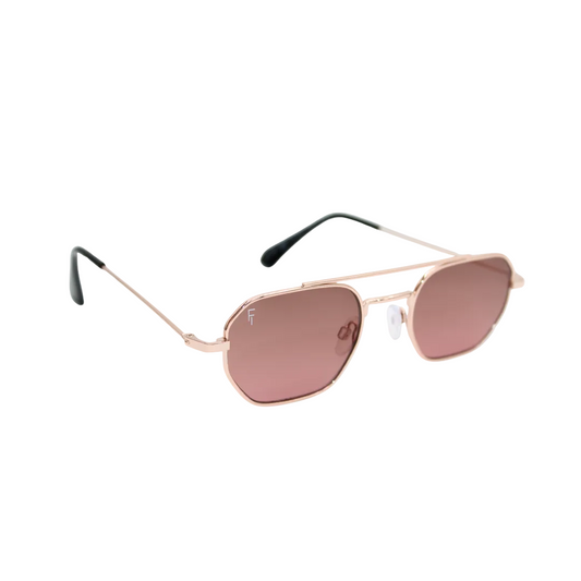 Lennon Rose Gold Brown front unisex sunglasses with rose gold metal frame and brown lenses