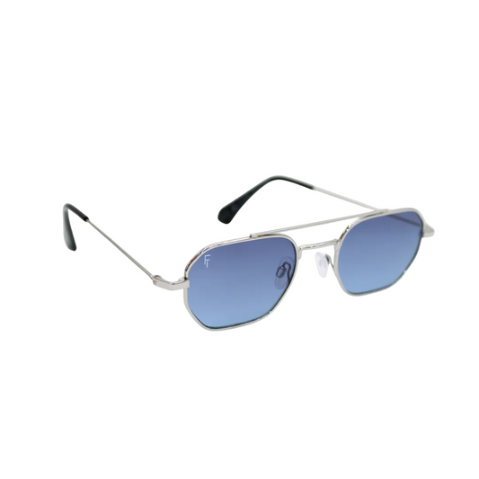 Lennon Silver Blue front unisex sunglasses with silver metal frame and blue lenses