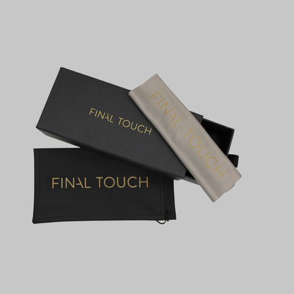 Black Pu case, black sunglasses box and grey cleaning cloth with 'Final Touch' branding on a light grey background