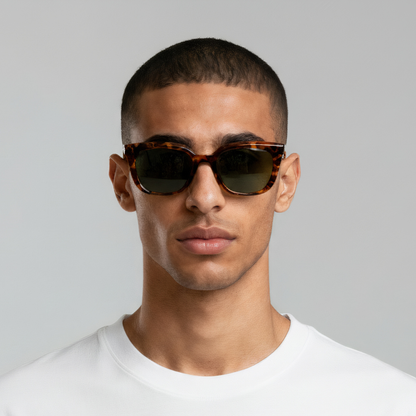 Male model styled in tortoise cat eye sunglasses with brown lenses UV400 – Abby by Final Touch