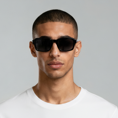 Male model styled in rectangular black sunglasses with smoke lenses UV400 – Alex by Final Touch