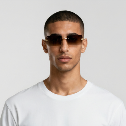 Male model styled in sunglasses with gold frame and brown lenses UV400 – Brittany by Final Touch