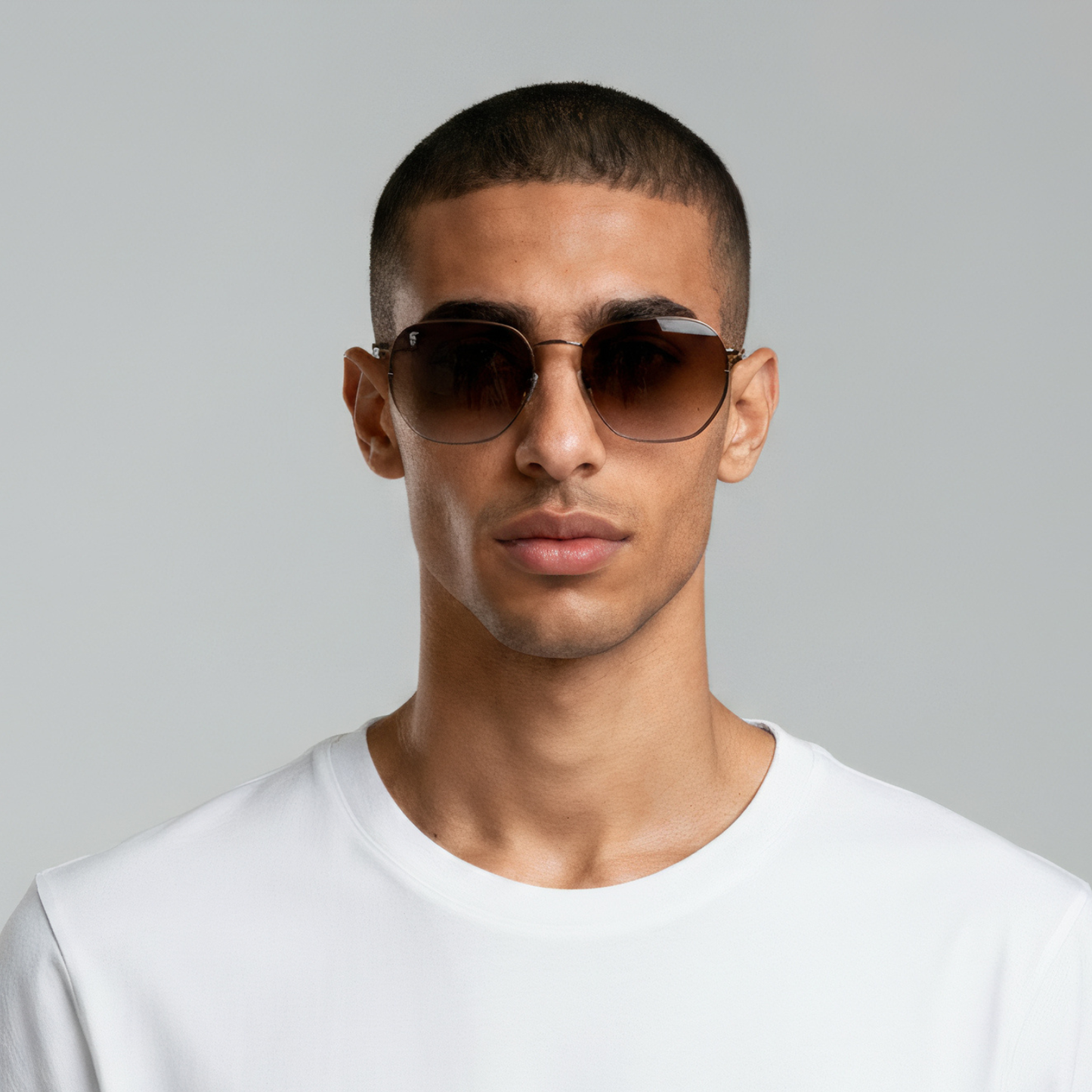 Male model styled in brown aviator sunglasses with brown lenses UV400 – Brydan by Final Touch
