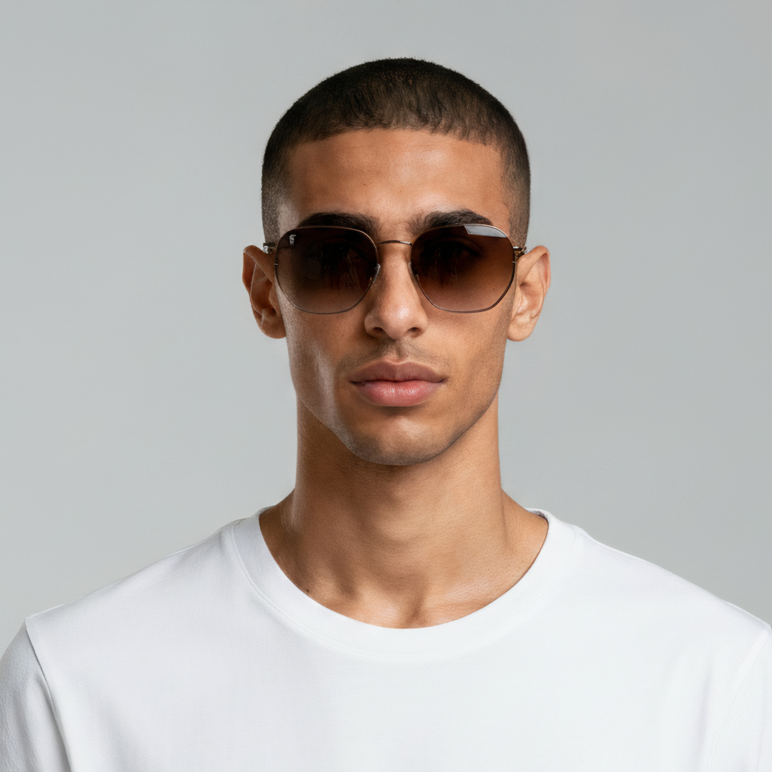 Male model styled in brown aviator sunglasses with brown lenses UV400 – Brydan by Final Touch