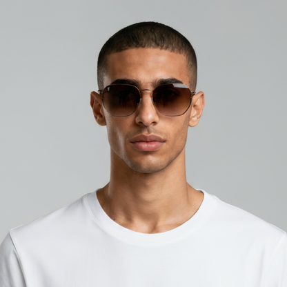 Male model styled in brown aviator sunglasses with brown lenses UV400 – Brydan by Final Touch