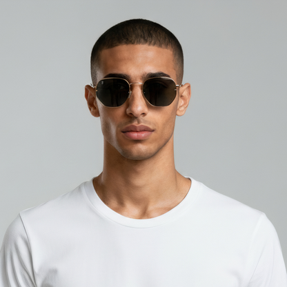 Male model styled in gold aviator sunglasses with black lenses UV400 – Brydan by Final Touch
