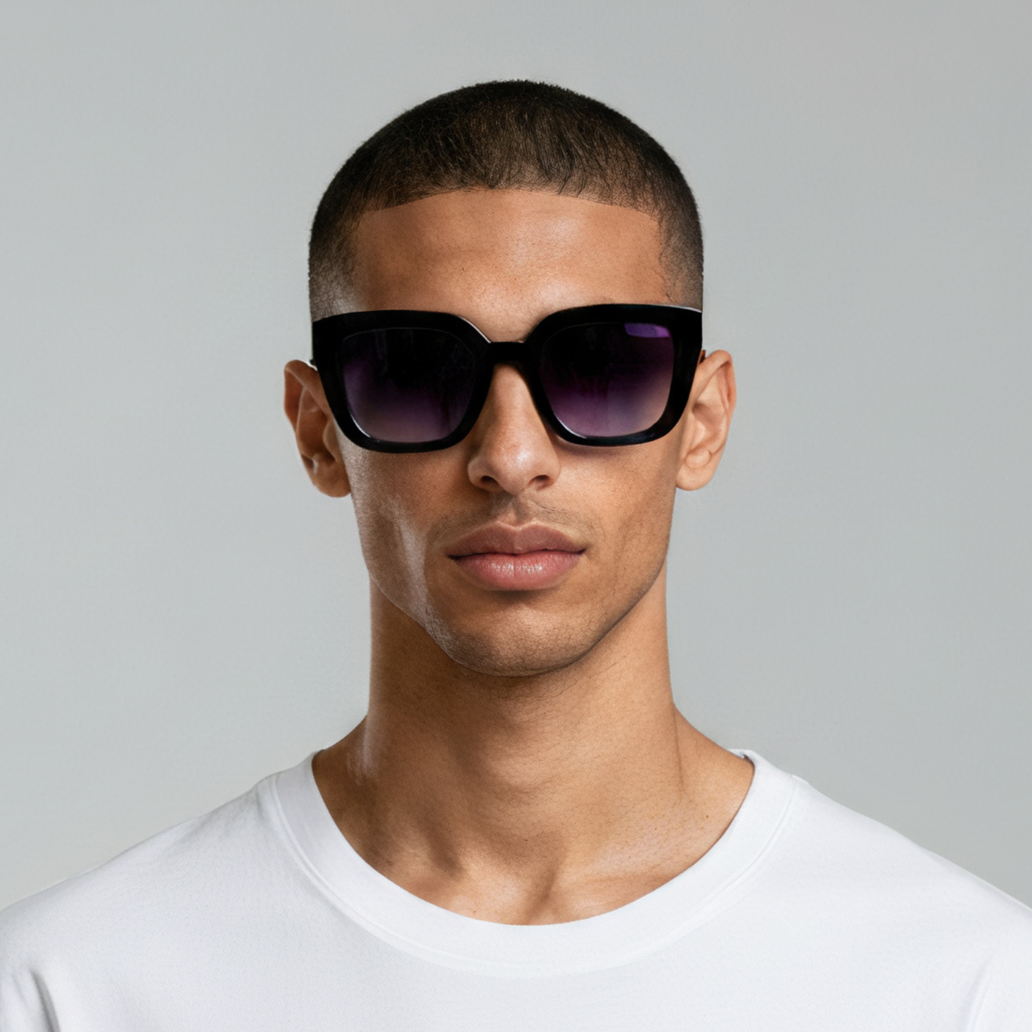 Male model styled in black cat eye sunglasses with smoke lenses UV400 – Camila by Final Touch