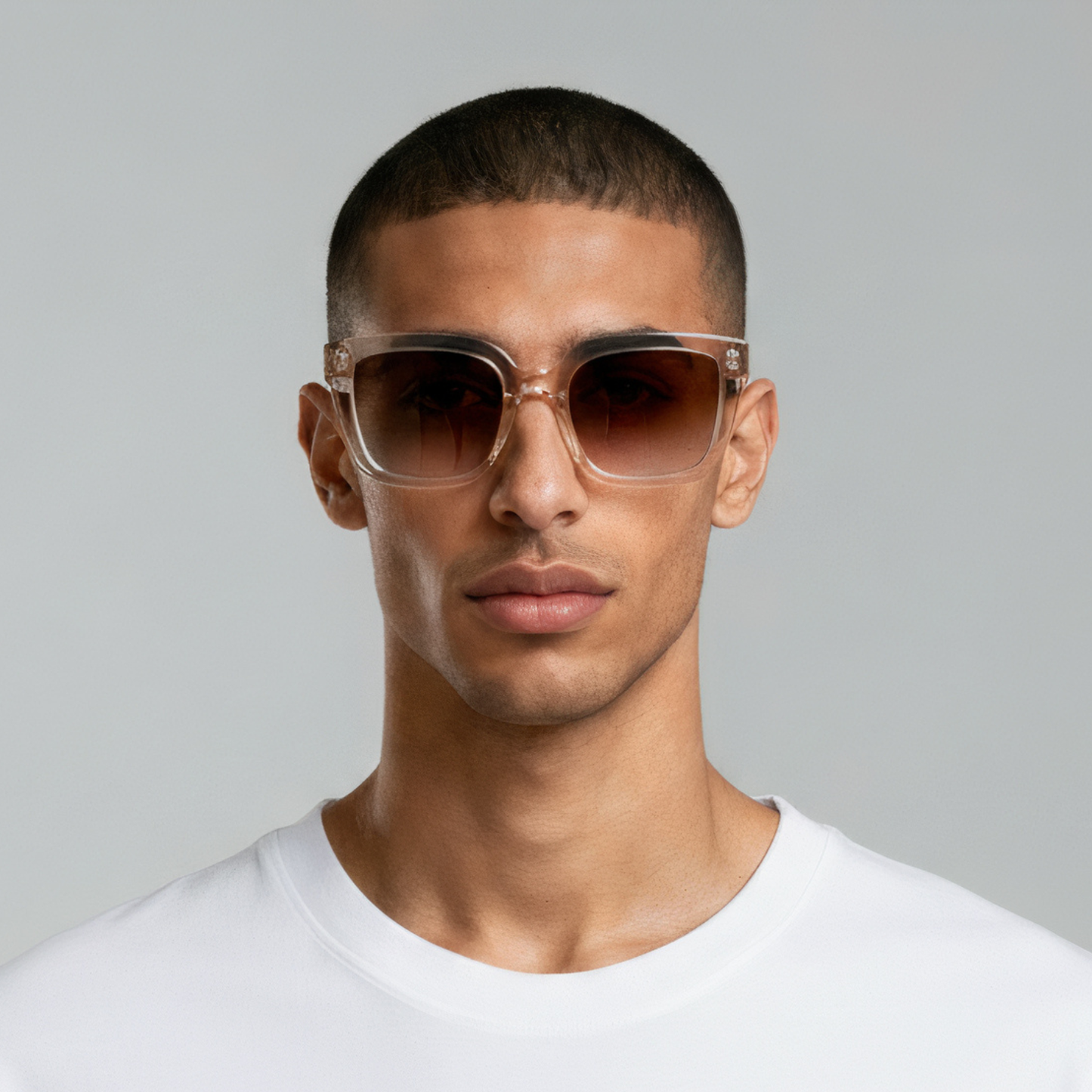Male model styled in champagne cat eye sunglasses with brown lenses UV400 – Camila by Final Touch