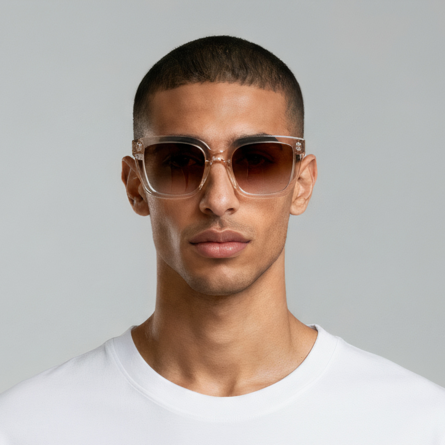Male model styled in champagne cat eye sunglasses with brown lenses UV400 – Camila by Final Touch