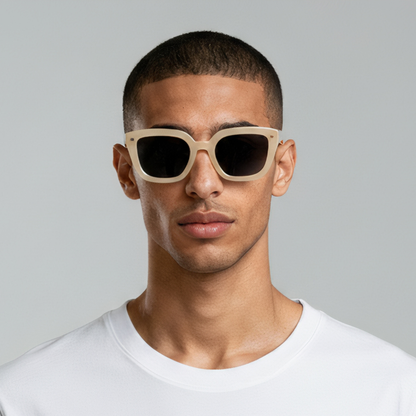 Male model styled in ivory cat eye sunglasses with brown lenses UV400 – Camila by Final Touch