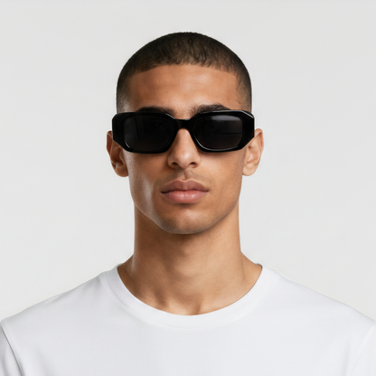 Male model styled in rectangular black sunglasses with smoke lenses UV400 – Emily by Final Touch