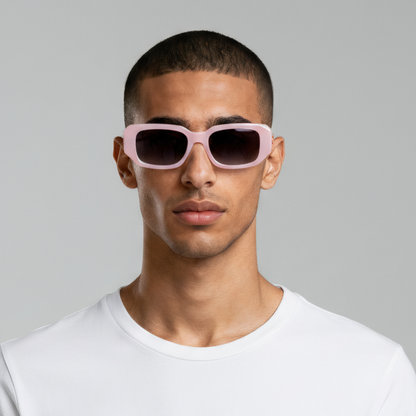 Male model styled in rectangular lavender sunglasses with gradient lenses UV400 – Emily by Final Touch