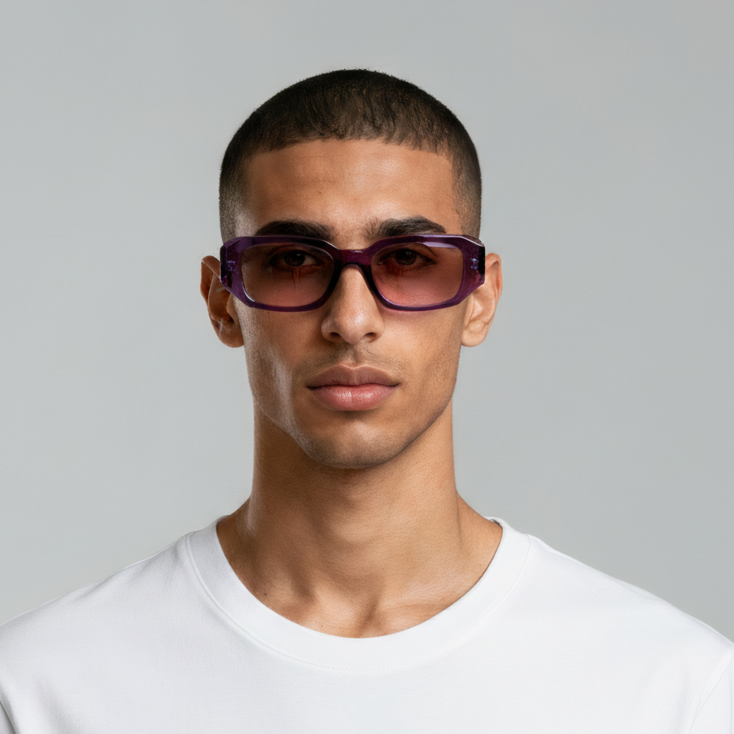 Male model styled in rectangular purple sunglasses with smoke lenses UV400 – Emily by Final Touch