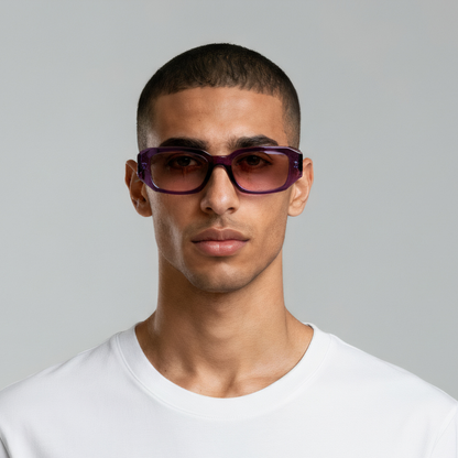 Male model styled in rectangular purple sunglasses with smoke lenses UV400 – Emily by Final Touch