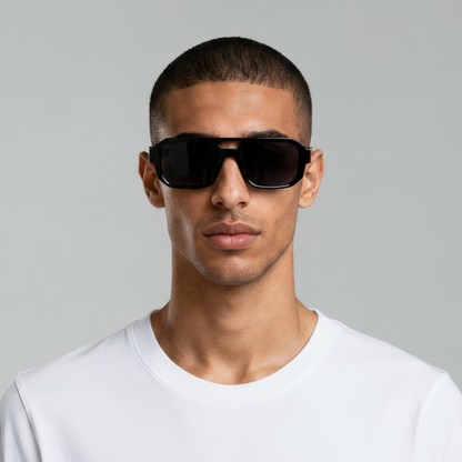 Male model styled in rectangular black sunglasses with smoke lenses UV400 – Jensen by Final Touch
