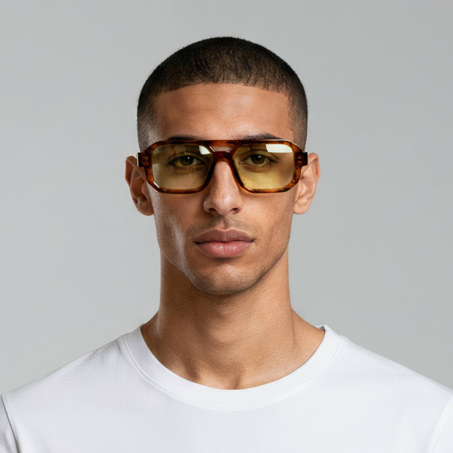 Male model styled in rectangular tortoise sunglasses with brown lenses UV400 – Jensen by Final Touch