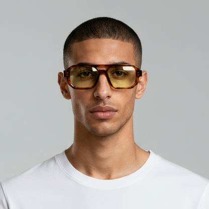 Male model styled in rectangular tortoise sunglasses with brown lenses UV400 – Jensen by Final Touch