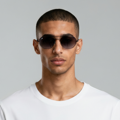 Male model styled in aviator sunglasses with matte black frame and smoke lenses UV400 – Lennon by Final Touch