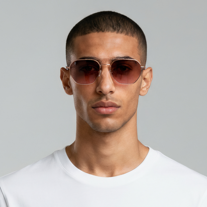 Male model styled in aviator sunglasses with rose gold frame and brown lenses UV400 – Lennon by Final Touch