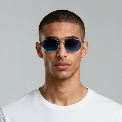 Male model styled in aviator sunglasses with silver frame and blue lenses UV400 – Lennon by Final Touch