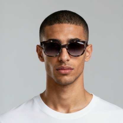 Male model styled in dark tortoiseshell cat eye sunglasses with brown lenses UV400 – Nicky by Final Touch