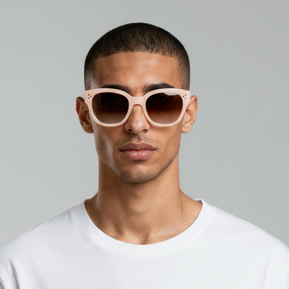 Male model styled in nude cat eye sunglasses with smoke lenses UV400 – Nicky by Final Touch