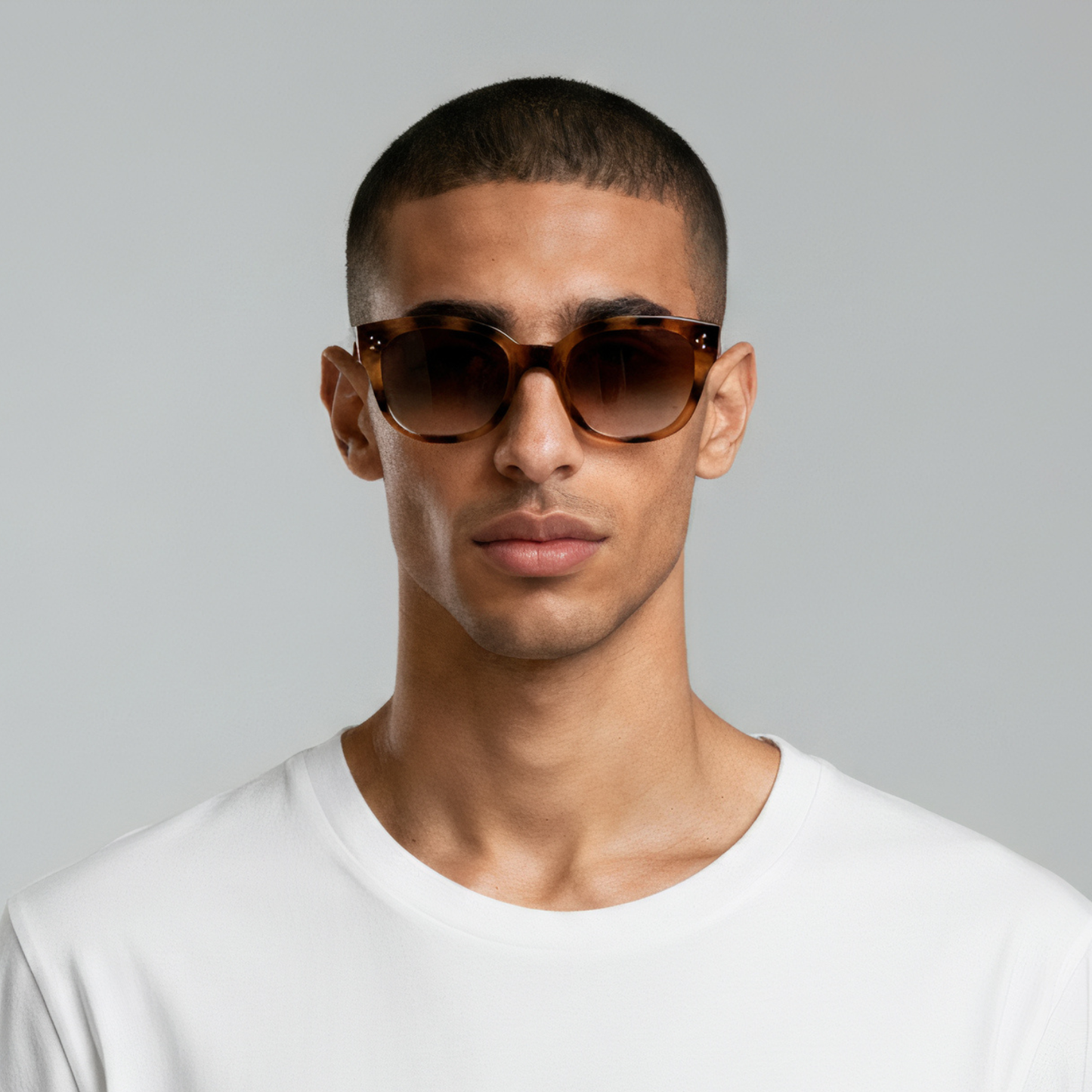 Male model styled in tortoiseshell cat eye sunglasses with brown lenses UV400 – Nicky by Final Touch