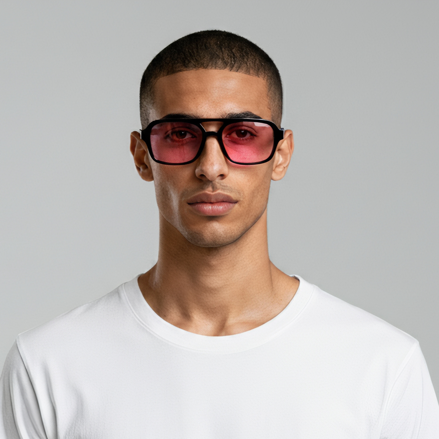 Male Model wearing rectangular sunglasses with black frame and rose lenses UV400 – Tony by Final Touch