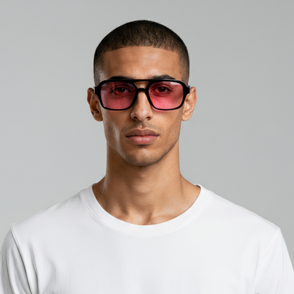 Male Model wearing rectangular sunglasses with black frame and rose lenses UV400 – Tony by Final Touch