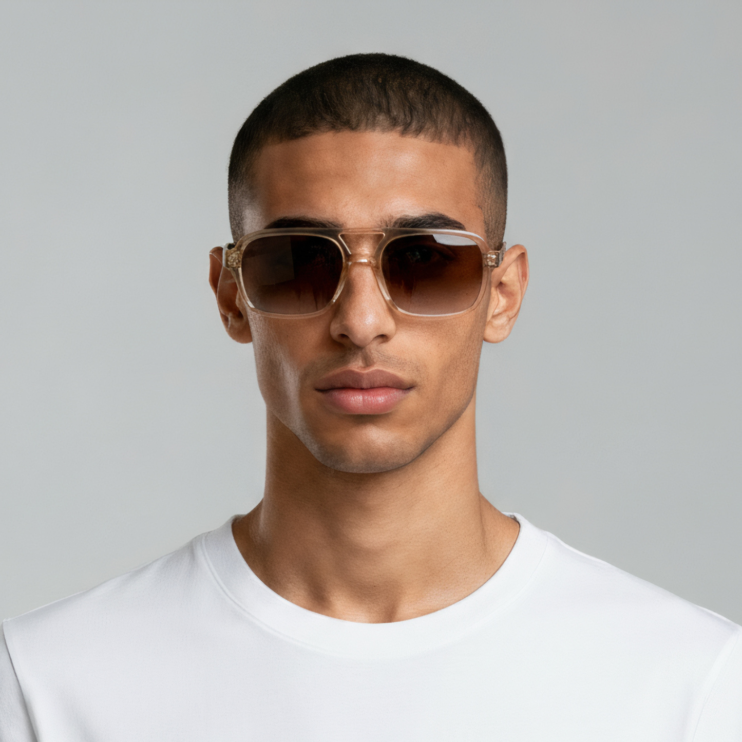 Male model styled in rectangular champagne sunglasses with brown lenses UV400 – Tony by Final Touch