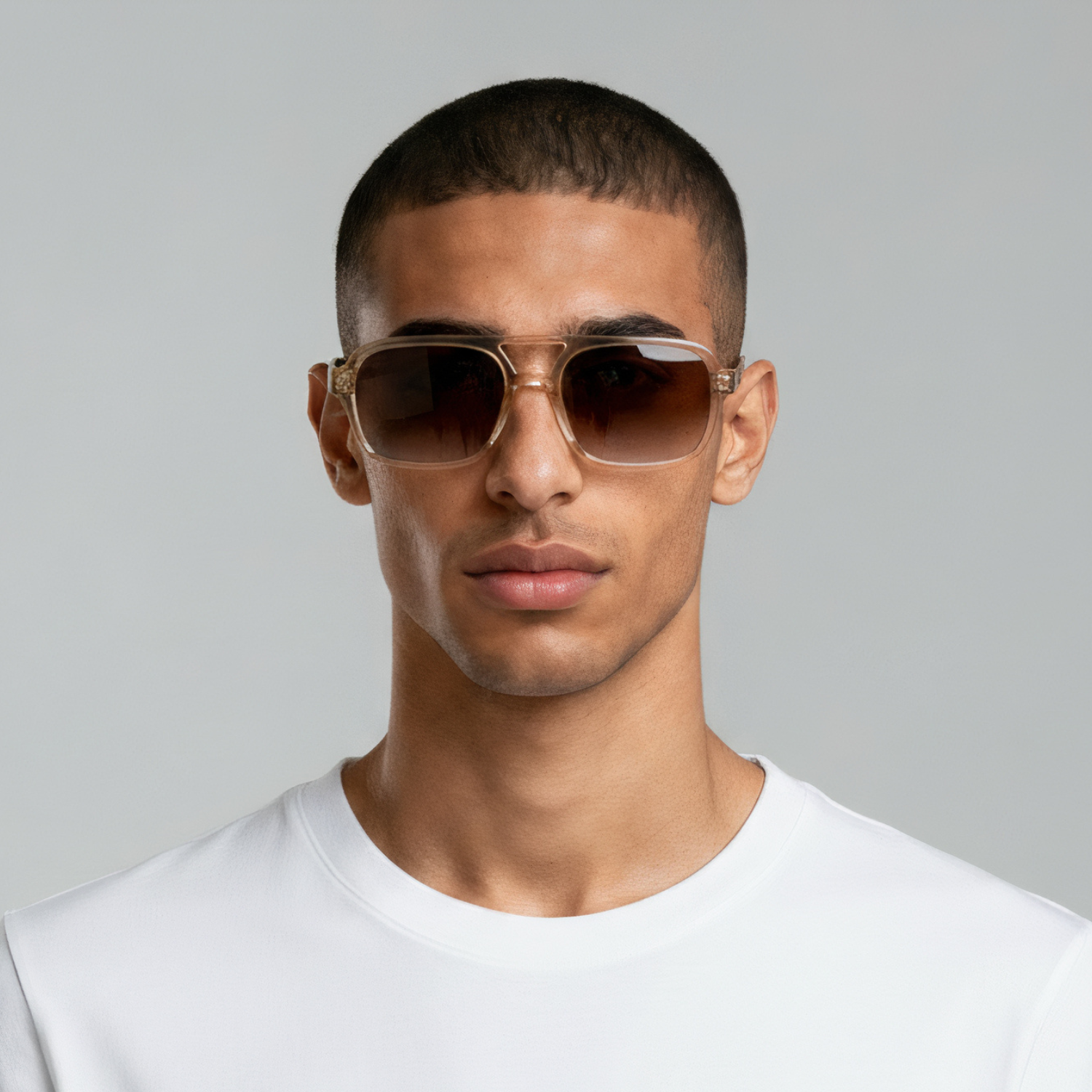 Male model styled in rectangular champagne sunglasses with brown lenses UV400 – Tony by Final Touch