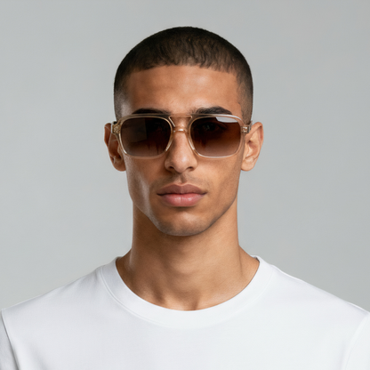 Male model styled in rectangular champagne sunglasses with brown lenses UV400 – Tony by Final Touch