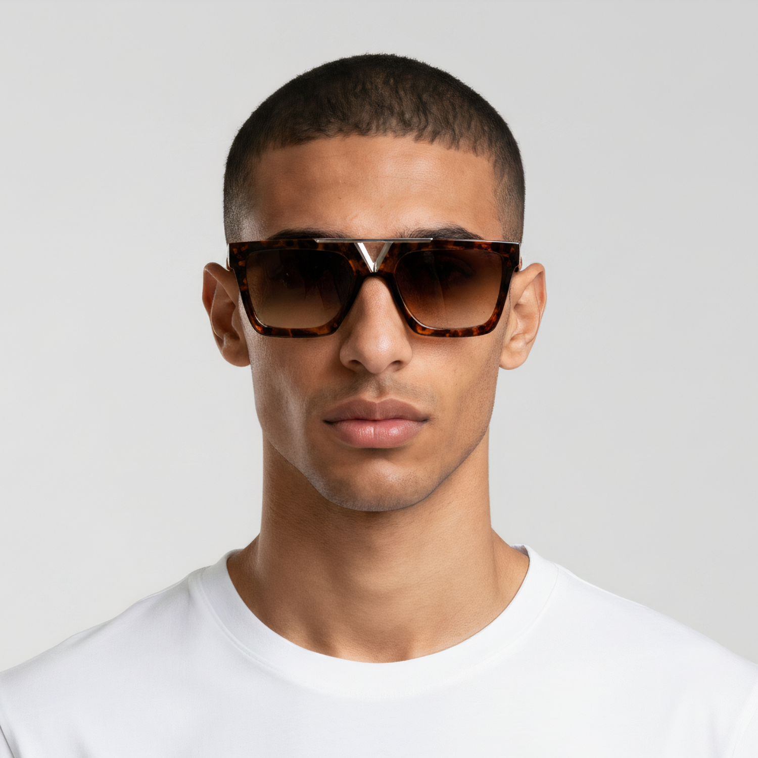 Male model styled in rectangular tortoise sunglasses with brown lenses UV400 – Wade by Final Touch