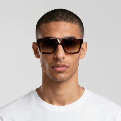 Male model styled in rectangular tortoise sunglasses with brown lenses UV400 – Wade by Final Touch