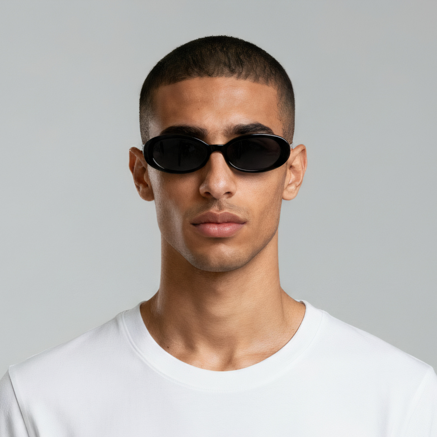 Oval sunglasses black frame smoke lens UV400 – Layla Shadow male model