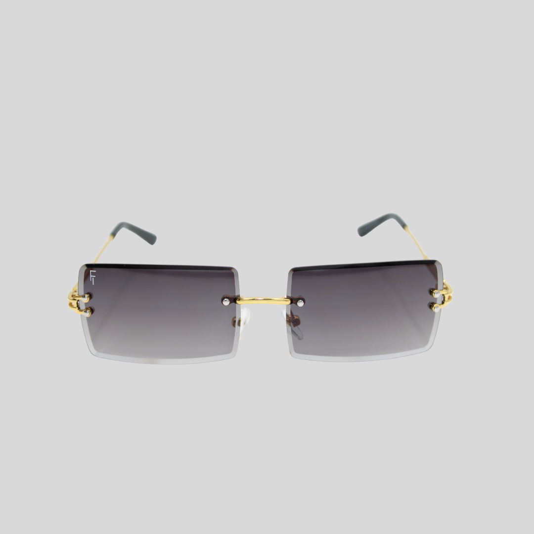 Brittany Gold Smoke unisex rimless sunglasses with smoke lenses and gold detailing
