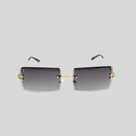 Brittany Gold Smoke unisex rimless sunglasses with smoke lenses and gold detailing
