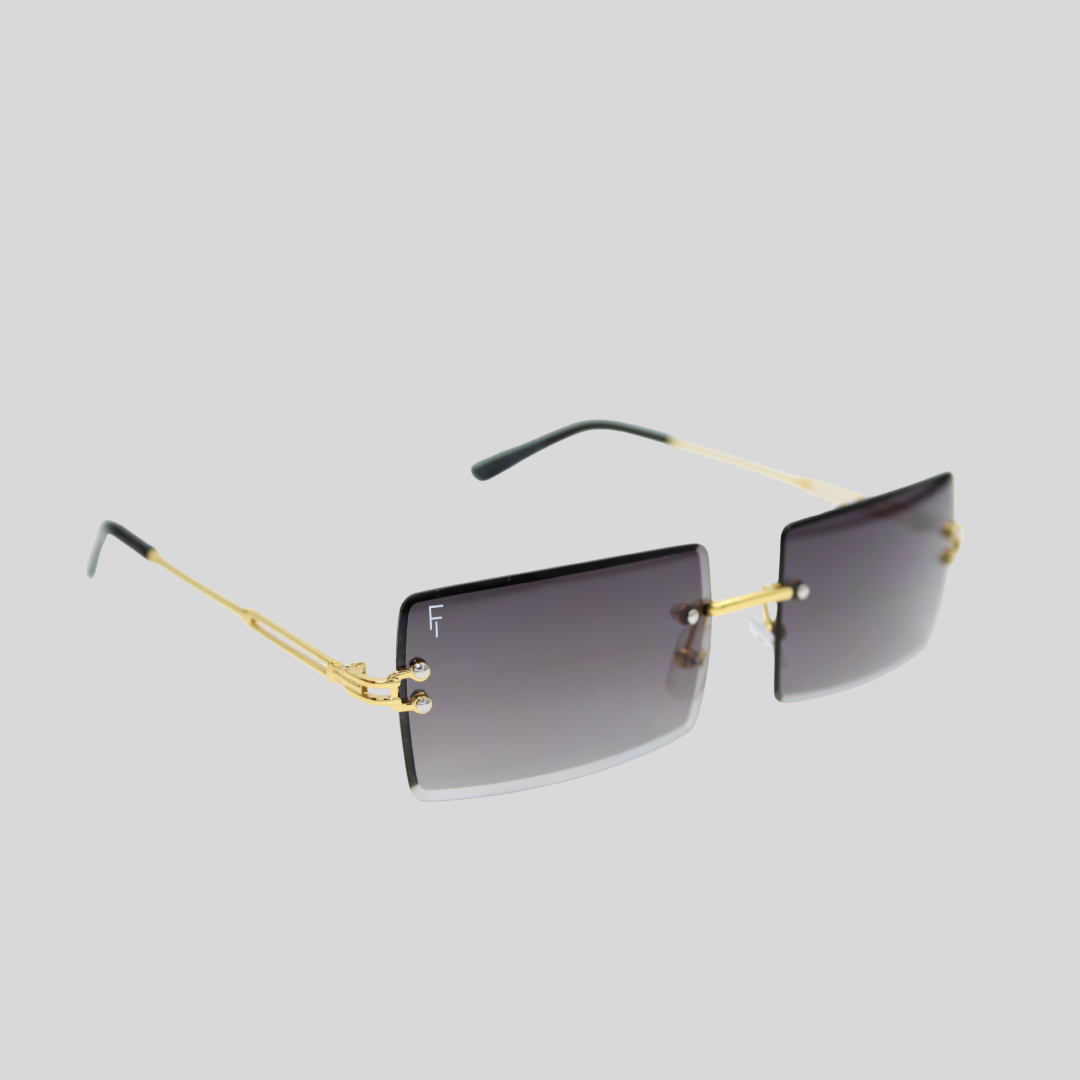 Brittany Gold Smoke front unisex rimless sunglasses with smoke lenses and gold detailing