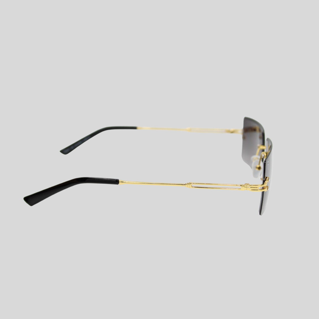 Brittany Gold Smoke side unisex rimless sunglasses with smoke lenses and gold detailing