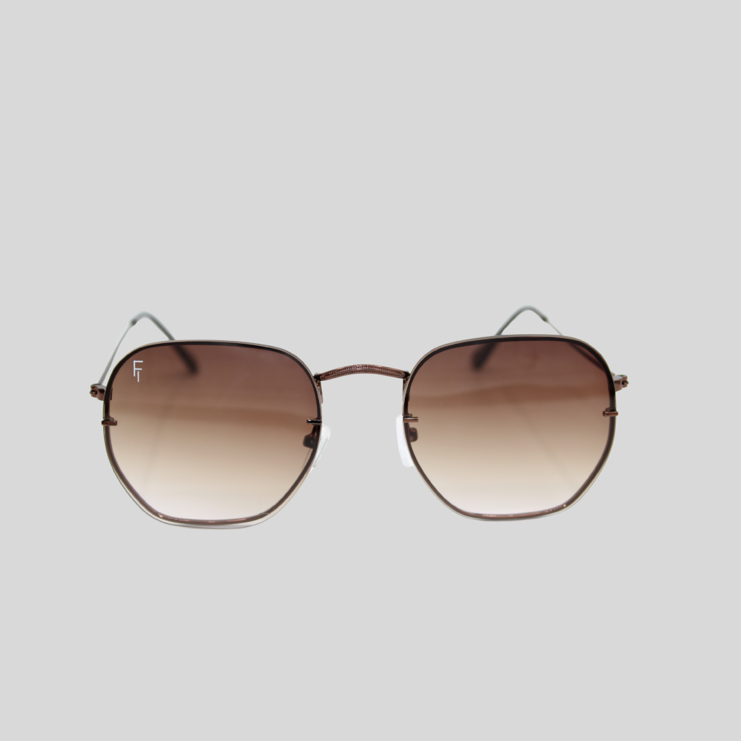 Brydan chocolate brown sunglasses with thin metal frame and brown gradient lenses on a light background