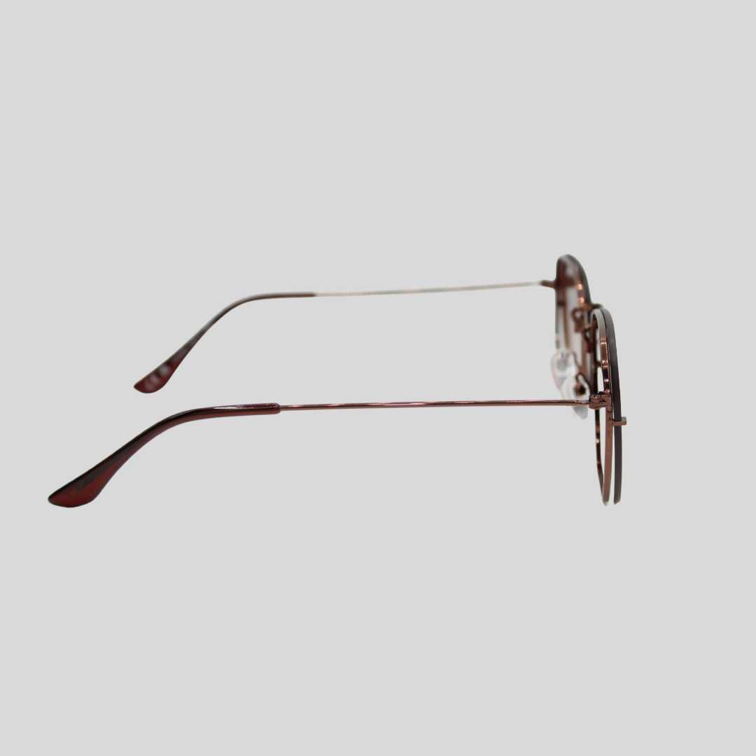 Brydan chocolate brown side sunglasses featuring slim metal arms and adjustable nose pads