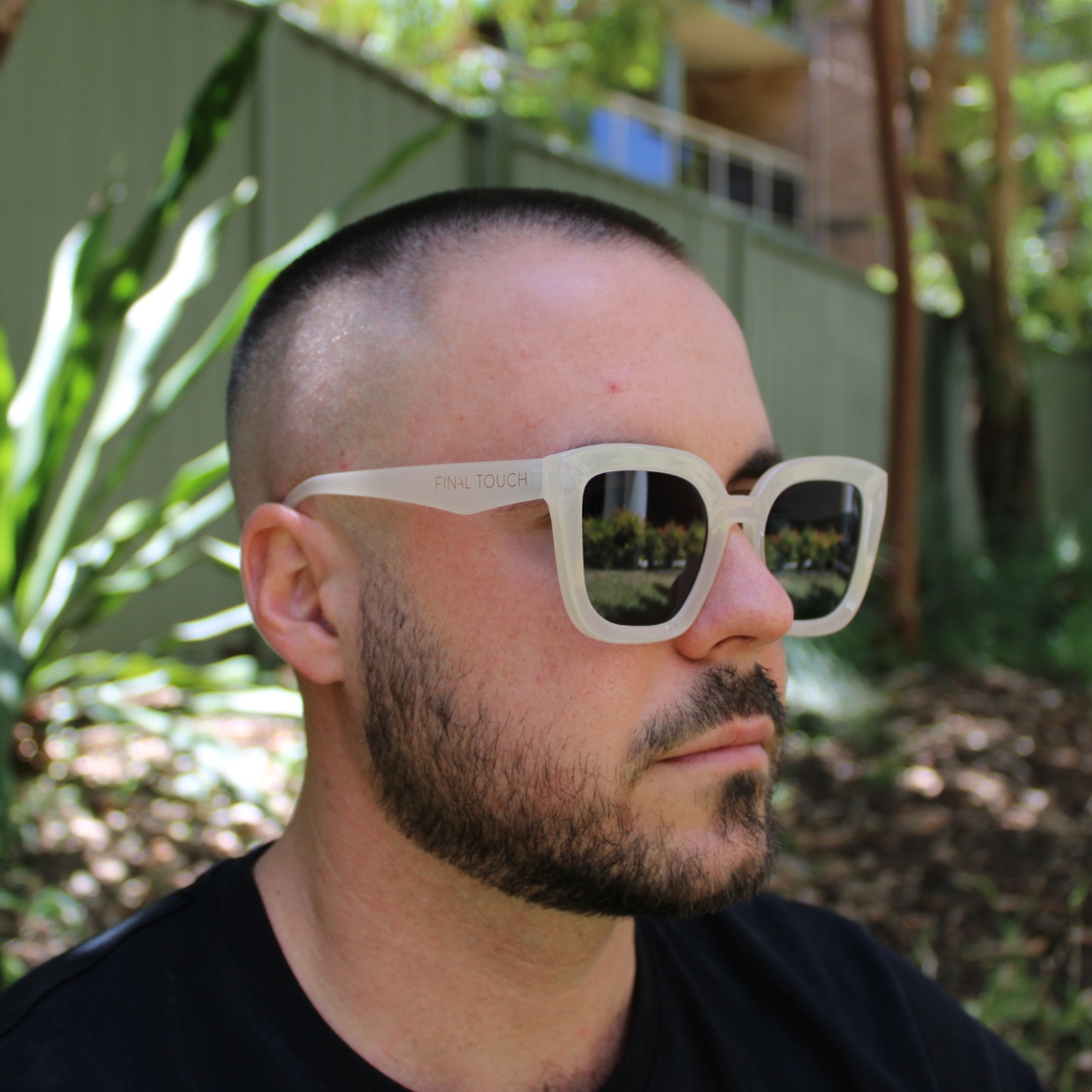 man wearing Camila ivory sunglasses