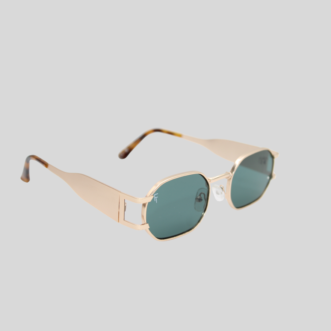 Charlotte gold Forest Green front unisex sunglasses with forest green lenses