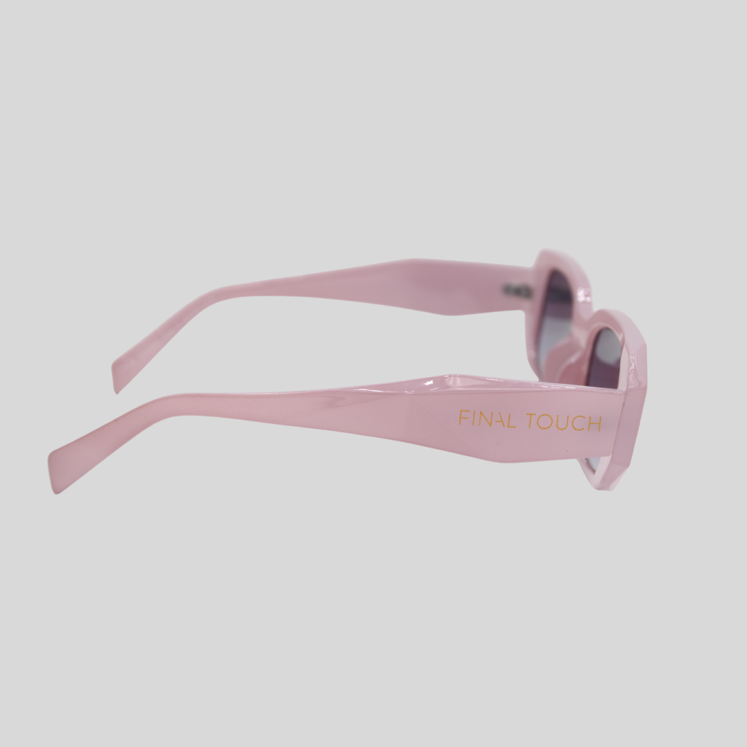 Emily lavender side Sunglasses with 'Final Touch' branding on the side with a light grey background