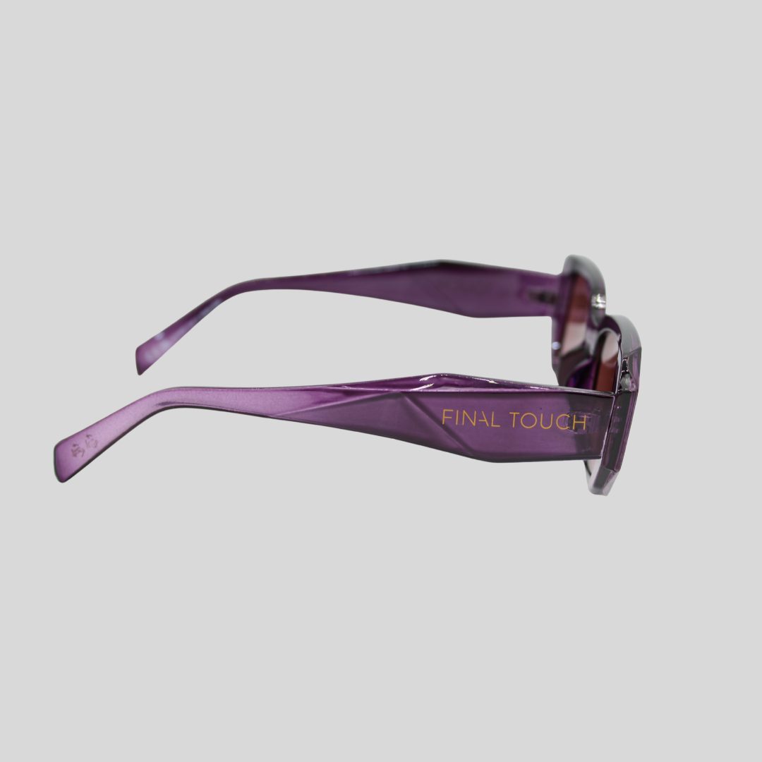 emily Purple smoke side sunglasses with 'Final Touch' branding on the arm on a light grey background