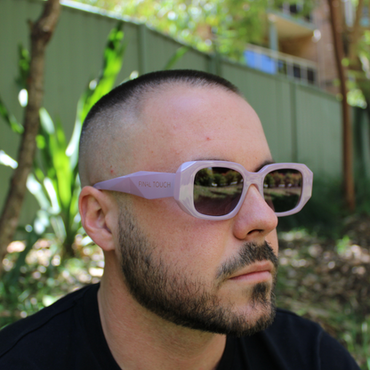 man wearing emily lavender sunglasses