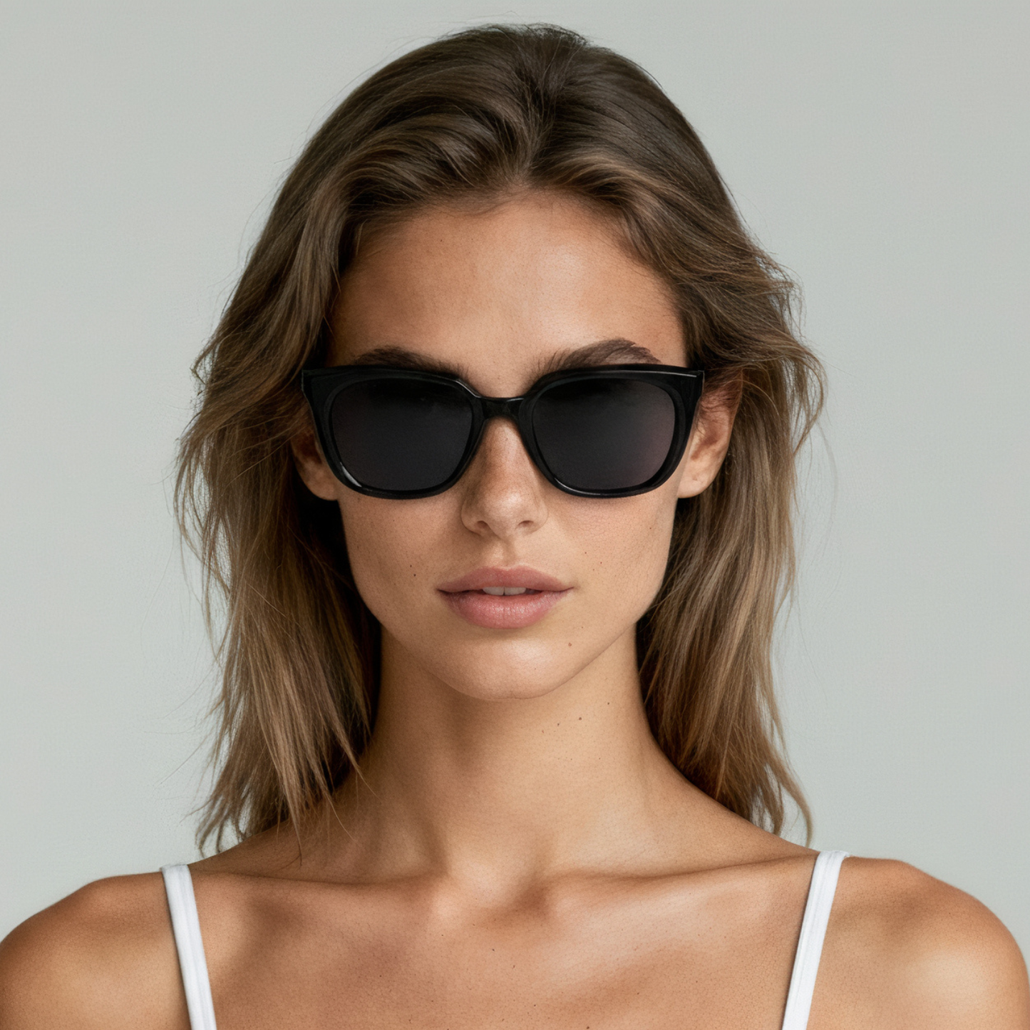 Female model wearing cat eye sunglasses with black frame and smoke lenses UV400 – Abby by Final Touch
