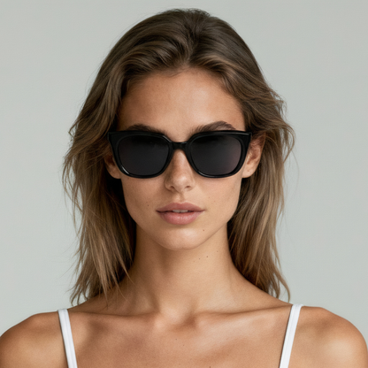 Female model wearing cat eye sunglasses with black frame and smoke lenses UV400 – Abby by Final Touch